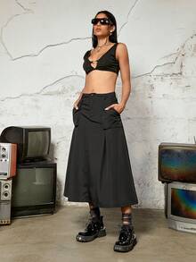 Slant Pocket Side Cargo Flare Skirt - Black - View 4