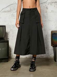 Slant Pocket Side Cargo Flare Skirt - Black - View 5
