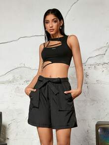 Drawstring Waist Flap Pocket Belted Cargo Shorts - Black - View 3