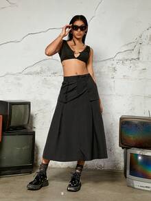 Slant Pocket Side Cargo Flare Skirt - Black - View 6