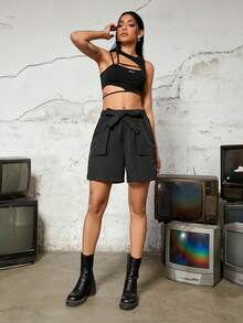 Drawstring Waist Flap Pocket Belted Cargo Shorts - Black - View 4