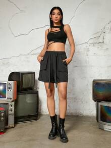 Drawstring Waist Flap Pocket Belted Cargo Shorts - Black - View 6