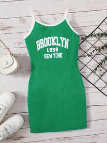 SHEIN Đầm Gái Tương phản ràng buộc Lá thư Giải trí - màu xanh lá - Xem 1