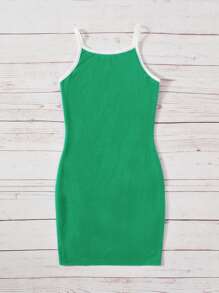 SHEIN Đầm Gái Tương phản ràng buộc Lá thư Giải trí - màu xanh lá - Xem 2