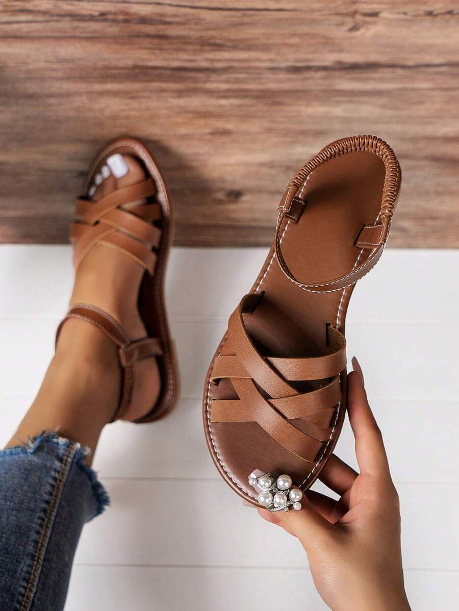 女士交叉踝帶平底涼鞋,優雅涼鞋 - 棕色 - 查看 1