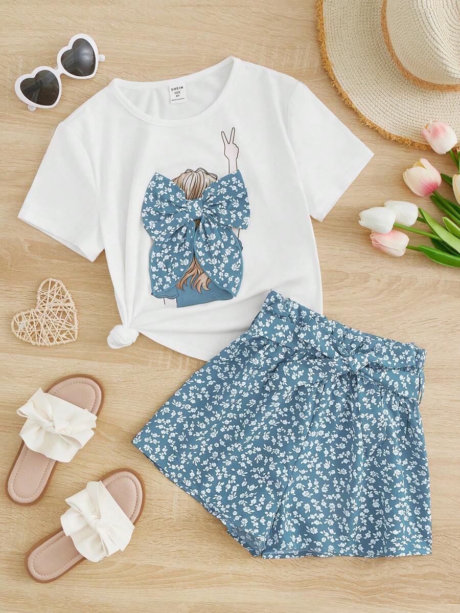 SHEIN Cô gái Tween Hoa Lộn xộn & Đồ họa Hình Áo thun & Quần Short có thắt lưng - Màu xanh Cadet - Xem 1