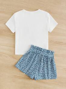 SHEIN Cô gái Tween Hoa Lộn xộn & Đồ họa Hình Áo thun & Quần Short có thắt lưng - Màu xanh Cadet - Xem 2