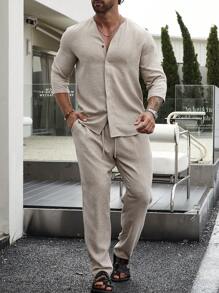 Manfinity Homme Men Solid Button Up Shirt & Drawstring Waist Pants - Apricot - View 1