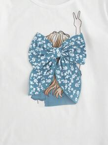 SHEIN Cô gái Tween Hoa Lộn xộn & Đồ họa Hình Áo thun & Quần Short có thắt lưng - Màu xanh Cadet - Xem 4