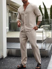 Manfinity Homme Men Solid Button Up Shirt & Drawstring Waist Pants - Apricot - View 3