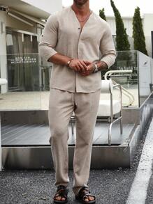 Manfinity Homme Men Solid Button Up Shirt & Drawstring Waist Pants - Apricot - View 4