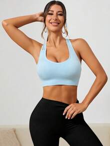 Yoga Trendy 交叉背部運動胸罩運動外出上衣 - 淺藍色 - 查看 5