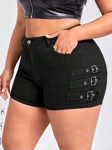 SHEIN SXY Quần short denim oversized Nút Túi Dây kéo màu trơn - màu đen - Xem 1