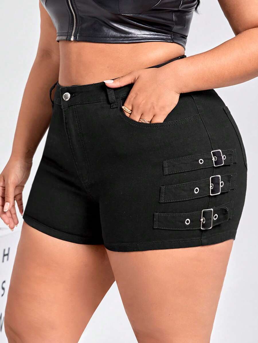 SHEIN SXY Quần short denim oversized Nút Túi Dây kéo màu trơn - màu đen - Xem 1