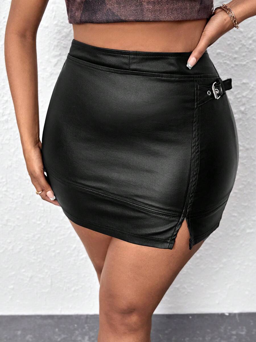 SHEIN SXY Plus Buckle Detail Split Hem Bodycon Skirt - Black - View 1