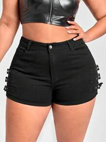 SHEIN SXY Quần short denim oversized Nút Túi Dây kéo màu trơn - màu đen - Xem 3