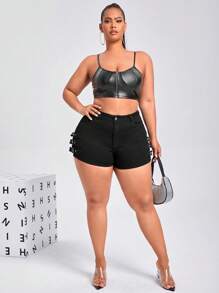 SHEIN SXY Quần short denim oversized Nút Túi Dây kéo màu trơn - màu đen - Xem 4