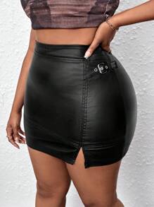 SHEIN SXY Plus Buckle Detail Split Hem Bodycon Skirt - Black - View 4