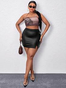 SHEIN SXY Plus Buckle Detail Split Hem Bodycon Skirt - Black - View 5