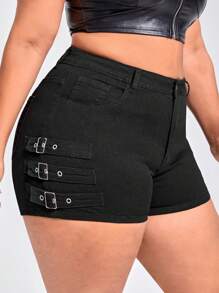 SHEIN SXY Quần short denim oversized Nút Túi Dây kéo màu trơn - màu đen - Xem 6