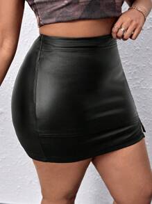 SHEIN SXY Plus Buckle Detail Split Hem Bodycon Skirt - Black - View 6