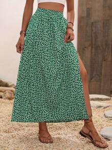 SHEIN Holidaya Ditsy Floral Print Split Thigh Skirt Fall Cloth For Women - Green - View 4