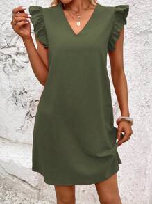 SHEIN VCAY 素色荷葉邊直筒洋裝 - 軍綠色 - 查看 3