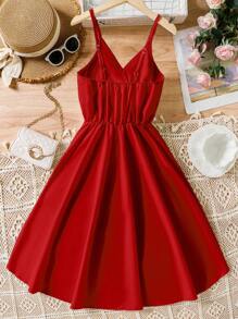 SHEIN Explorewe 少女纯色细肩带交叉褶皱秋千连衣裙，度假风格 - 紅色 - 查看 2