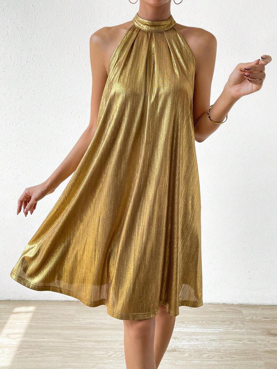 Zolique Chất rắn Halter Neck Đầm - Vàng - Xem 1