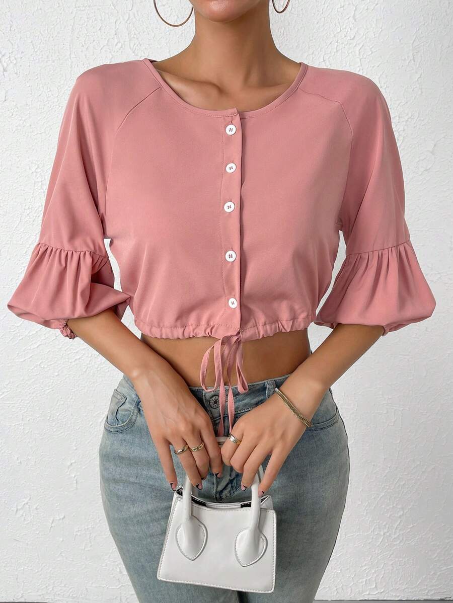 Chiquease Áo sơ mi nữ Dây kéo Nút phía trước màu trơn Giải trí - Hồng - Xem 1