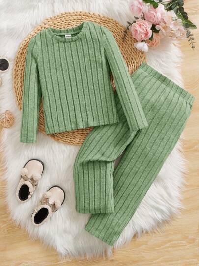 SHEIN Young Girl Solid Color Casual 2pcs/Set : Striped Knit T-Shirt And Pants