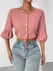 Chiquease Áo sơ mi nữ Dây kéo Nút phía trước màu trơn Giải trí - Hồng - Xem 6