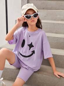 SHEIN Tween Girl Cartoon Graphic Drop Shoulder Tee & Cycling Shorts - Lilac Purple - View 1