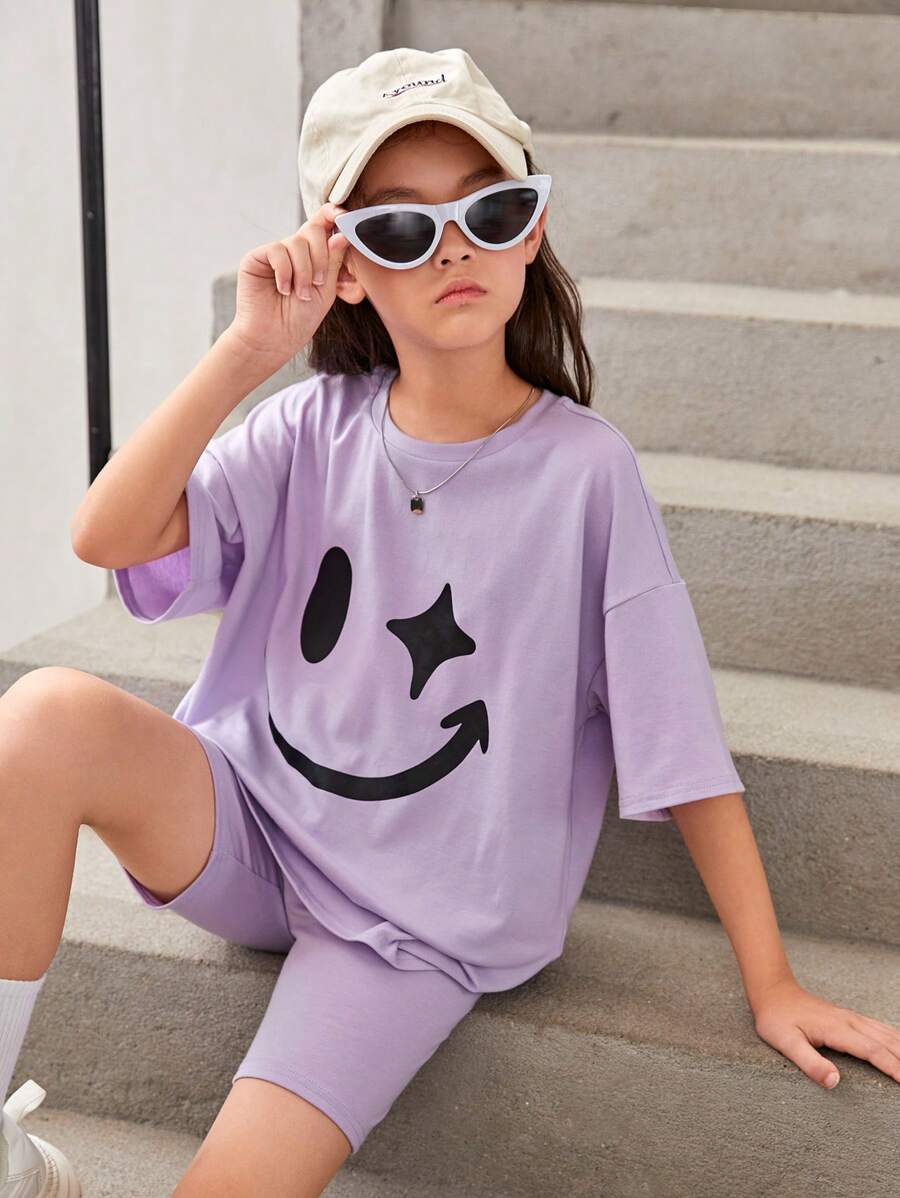 SHEIN Tween Girl Cartoon Graphic Drop Shoulder Tee & Cycling Shorts - Lilac Purple - View 1