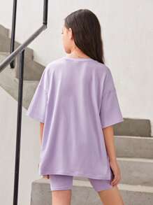 SHEIN Tween Girl Cartoon Graphic Drop Shoulder Tee & Cycling Shorts - Lilac Purple - View 2