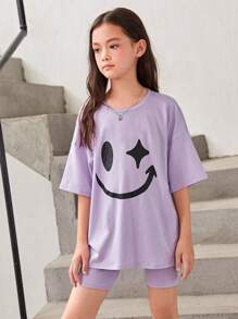 SHEIN Tween Girl Cartoon Graphic Drop Shoulder Tee & Cycling Shorts - Lilac Purple - View 3
