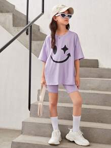 SHEIN Tween Girl Cartoon Graphic Drop Shoulder Tee & Cycling Shorts - Lilac Purple - View 5