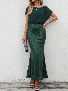 SHEIN Belle Váy dạ hội đuôi cá tay cánh dơi đính sequin sang trọng, trang trọng, dự tiệc tốt nghiệp, tiệc tối, tiệc Giáng sinh - Màu xanh lá cây đậm - Xem 1