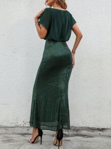 SHEIN Belle Váy dạ hội đuôi cá tay cánh dơi đính sequin sang trọng, trang trọng, dự tiệc tốt nghiệp, tiệc tối, tiệc Giáng sinh - Màu xanh lá cây đậm - Xem 2