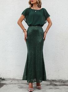 SHEIN Belle Váy dạ hội đuôi cá tay cánh dơi đính sequin sang trọng, trang trọng, dự tiệc tốt nghiệp, tiệc tối, tiệc Giáng sinh - Màu xanh lá cây đậm - Xem 3