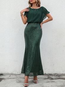 SHEIN Belle Váy dạ hội đuôi cá tay cánh dơi đính sequin sang trọng, trang trọng, dự tiệc tốt nghiệp, tiệc tối, tiệc Giáng sinh - Màu xanh lá cây đậm - Xem 5