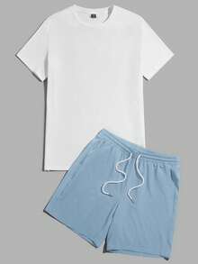 SWAVVY 男士标语卡通图案T恤和抽绳短裤夏季情侣装 - 藍白色 - 查看 2