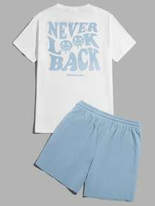 SWAVVY 男士标语卡通图案T恤和抽绳短裤夏季情侣装 - 藍白色 - 查看 3