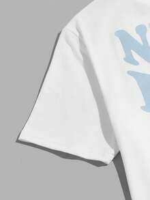 SWAVVY 男士标语卡通图案T恤和抽绳短裤夏季情侣装 - 藍白色 - 查看 4