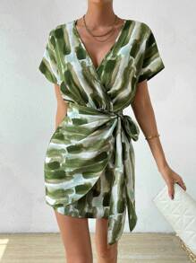 Chiquease In Bàn chải tay cánh Nút ven Váy quấn - màu xanh lá - Xem 3