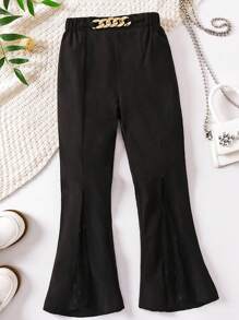 SHEIN Tween Girl Chain Detail Flare Leg Trousers - Black - View 1
