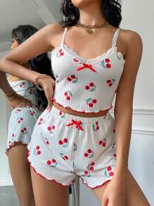 Conjunto de pijama con estampado de cereza ribete con encaje - Blanco - Ver 1