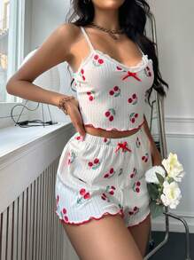 Conjunto de pijama con estampado de cereza ribete con encaje - Blanco - Ver 3
