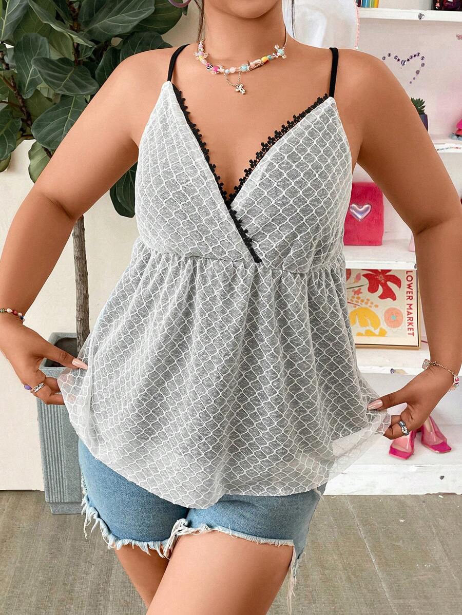 Celure Áo hai dây Plus Size Tương phản ren Viên lá sen Trọn gói màu trơn Giải trí - trắng - Xem 1