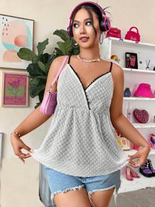 Celure Áo hai dây Plus Size Tương phản ren Viên lá sen Trọn gói màu trơn Giải trí - trắng - Xem 3